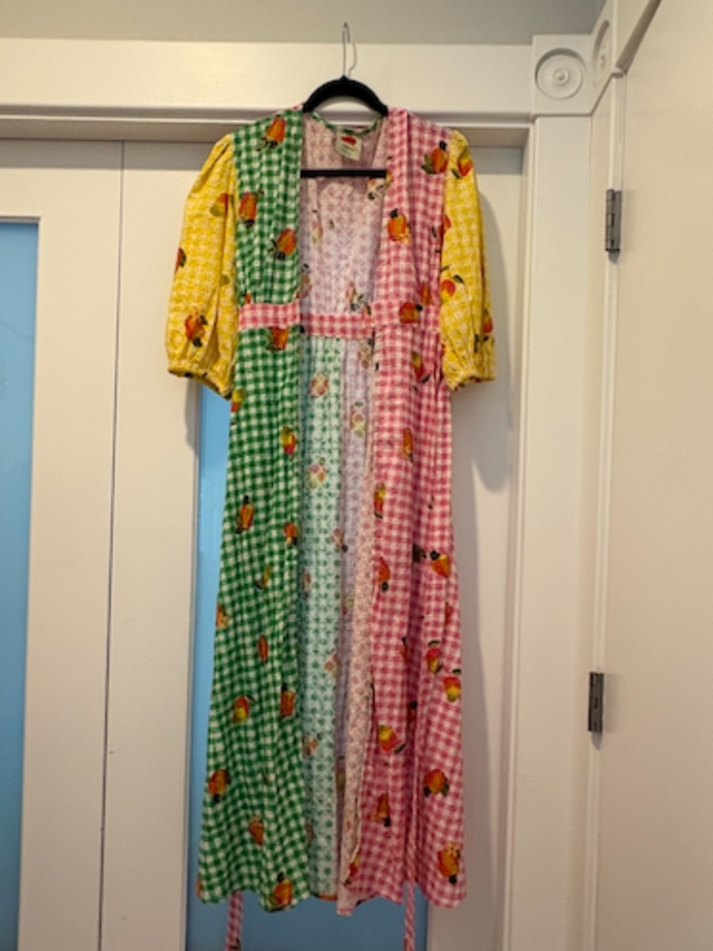 FARM Rio Green Pink Yellow Gingham Fruit Print Maxi Dress Tie Waist Size S - Picture 2 of 6